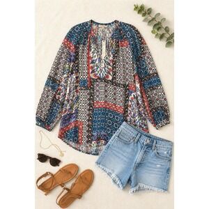 Soiree Boho‎ Peasant Patchwork Blouse Women S Blue Puff Sleeve Cottagecore NWT